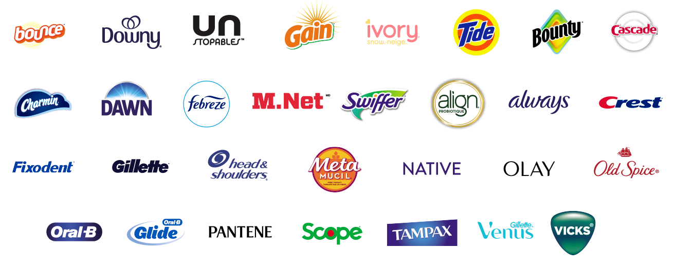 Infographie présentant les marques P&G participantes. La transcription complète du texte est disponible ci-dessous.