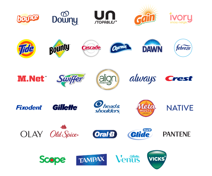 Infographie présentant les marques P&G participantes. La transcription complète du texte est disponible ci-dessous.