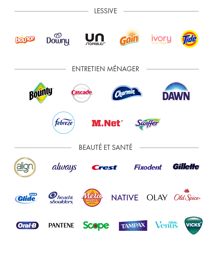 Infographie des marques P&G participantes. La transcription complète est disponible ci-dessous.