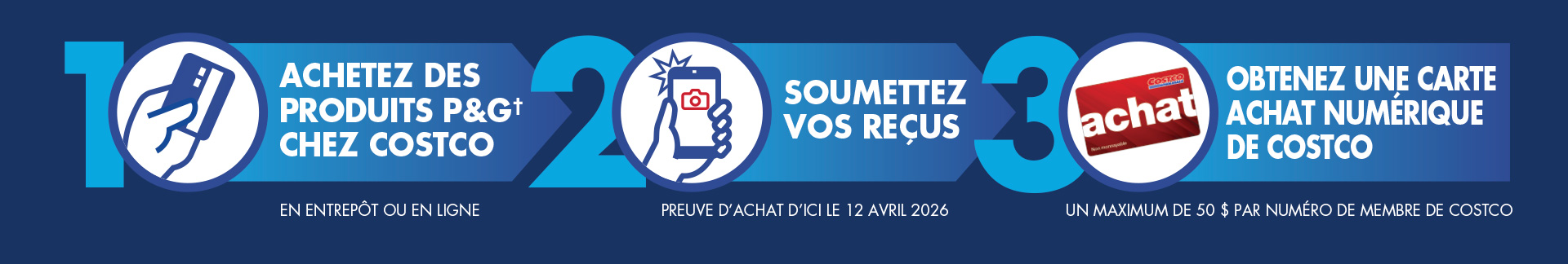 Comment participer : Étape 1 : Achetez des produits P&G† chez Costco en entrepôt ou en ligne. Étape 2 : Soumettez vos reçus. Une preuve d’achat d’ici le 12 avril 2026. Étape 3 : Obtenez une carte Achat numérique de Costco. Un maximum de 50 $ par numéro de membre  de Costco.